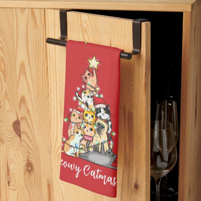 Fun Meowy Catmas Cats Christmas Tree Custom Kitchen Towel (Thirds Fold)