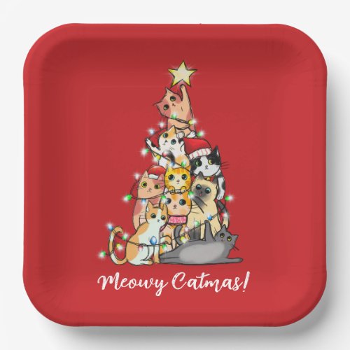 Fun Meowy Catmas Cats Christmas Tree Custom Paper Plates