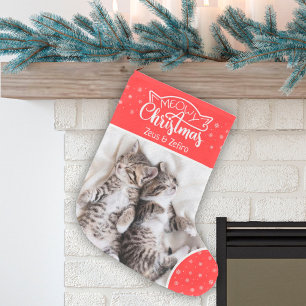 Fun meowy Christmas cat photo name red & white Small Christmas Stocking