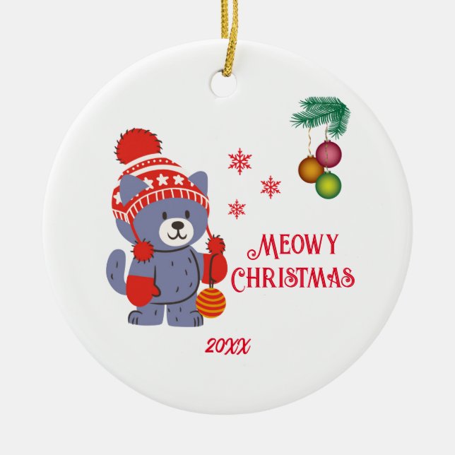 Fun Meowy Christmas Cute Cat Merry Christmas Balls Ceramic Ornament (Front)
