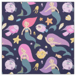 Fun Mermaid and Fish Pattern on Blue Fabric