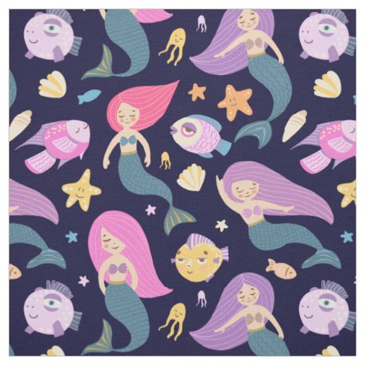 Fun Mermaid and Fish Pattern on Blue Fabric