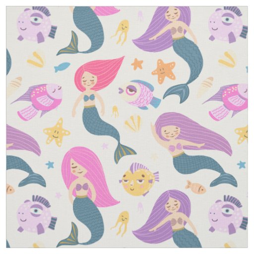 Fun Mermaid and Fish Pattern on White Fabric