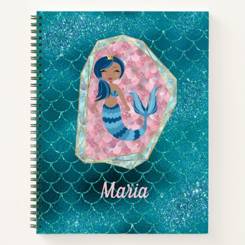 Fun Mermaid in Deep Aqua in a Pink Shell Notebook