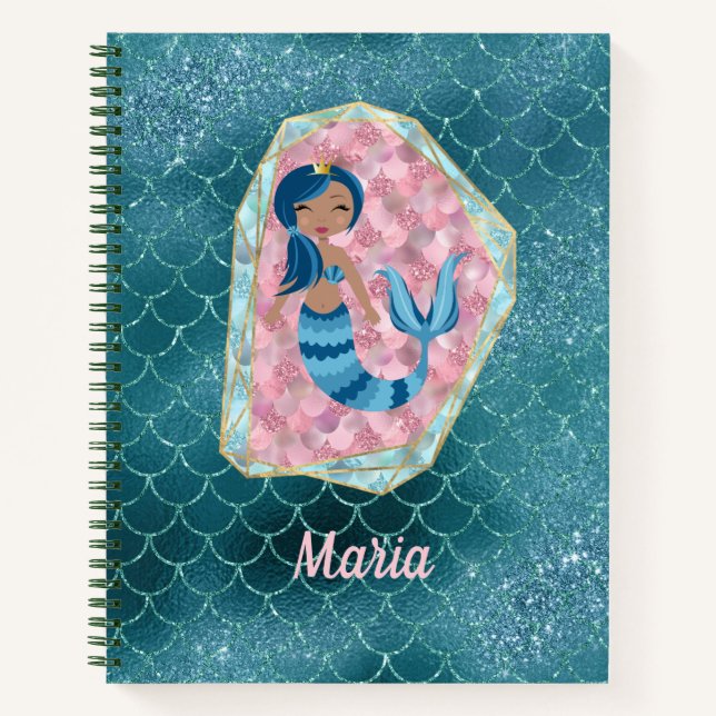 Fun Mermaid in Deep Aqua in a Pink Shell Notebook (Front)