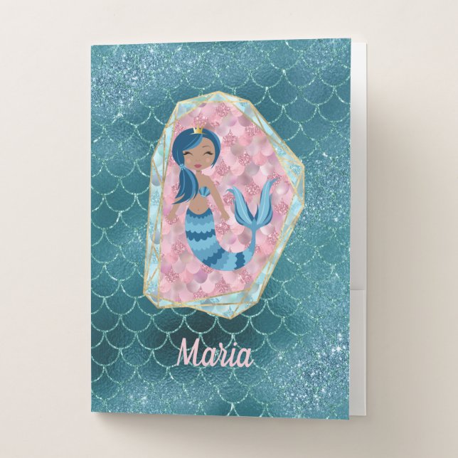 Fun Mermaid in Deep Aqua in a Pink Shell Pocket Folder (Front)