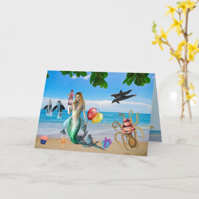 Fun Mermaid on the Beach Birthday Card (Yellow Flower)