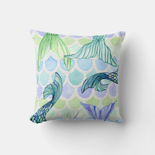 Fun Mermaid Tails Fish Scale Watercolor Pattern Throw Pillow