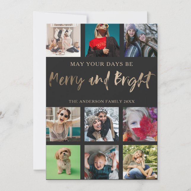 Fun Merry and Bright Faux Gold 9 Photo Christmas  Holiday Card (Front)