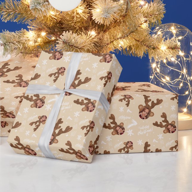 Fun merry Christmas antler illustration photo name Wrapping Paper (Holidays)