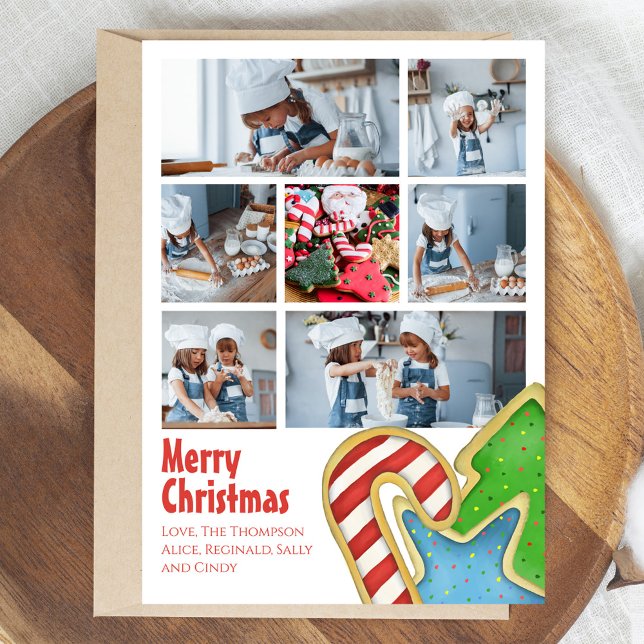 Fun Merry Christmas Cute Photo Collage Holiday Card (Merry christmas photo card with watercolor Christmas cookies.)