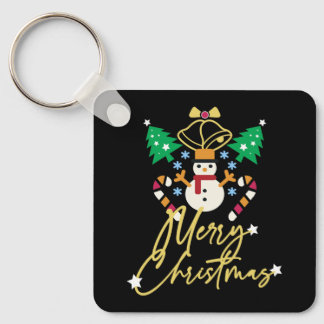 Fun Merry Christmas Design with Bell, Trees Keychain