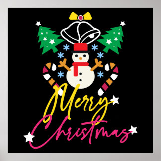Fun Merry Christmas Design with Bell, Trees Poster