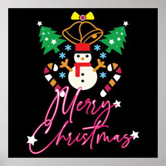 Fun Merry Christmas Design with Bell, Trees Poster