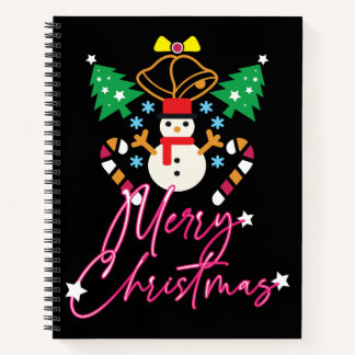 Fun Merry Christmas Design with Bells, Trees Notebook