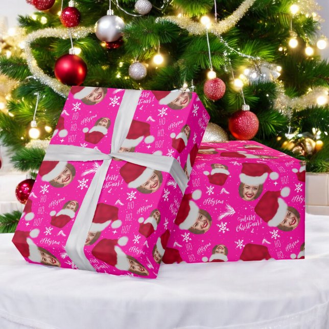 Fun merry Christmas hat illustration photo name Wrapping Paper (Fun merry Christmas hat illustration photo name Wrapping Paper)