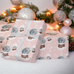 Fun merry Christmas illustration photo snowglobe  Wrapping Paper<br><div class="desc">Cute fun merry Christmas illustration, add one photo and turn it into a cute winter snowglobe with snowflakes,  mountain,  snowman,  pine branches,  add your name and season's greetings! On editable pastel pink</div>