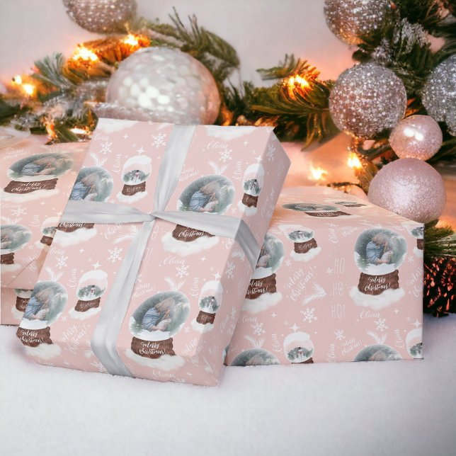 Fun merry Christmas illustration photo snowglobe  Wrapping Paper (Fun merry Christmas illustration photo snowglobe Wrapping Paper pink)