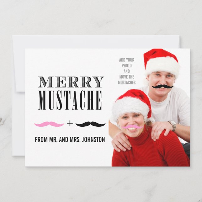 Fun Merry Christmas Mustache Photo Card Newlyweds (Front)