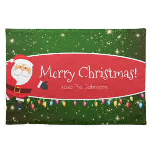 Fun Merry Christmas Santa Last Name Red and Green Cloth Placemat