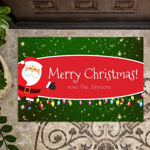 Fun Merry Christmas Santa Last Name Red and Green Doormat