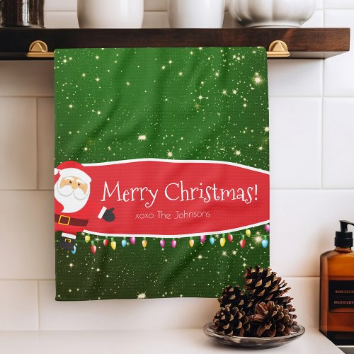  Fun Merry Christmas Santa Last Name Red and Green Kitchen Towel
