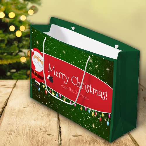 Fun Merry Christmas Santa Last Name Red and Green Large Gift Bag