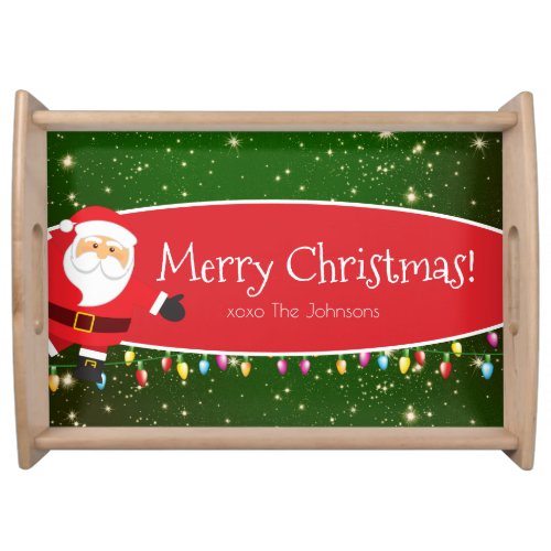 Fun Merry Christmas Santa Last Name Red and Green Serving Tray