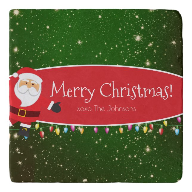 Fun Merry Christmas Santa Last Name Red and Green Trivet (Front)