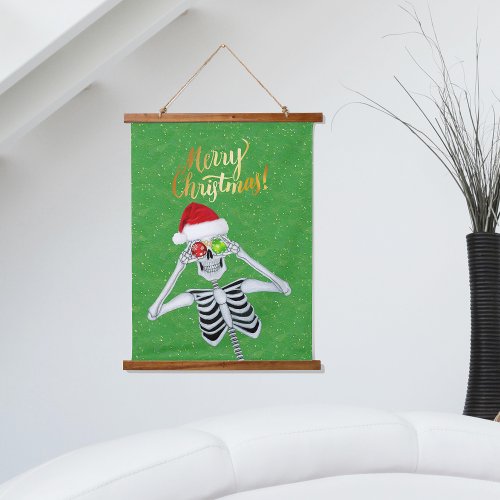Fun Merry Christmas Skeleton Green Gold Santa Hat Hanging Tapestry