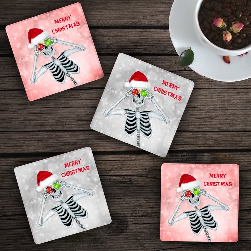 Fun Merry Christmas Skeleton Ornaments Circles Coaster Set