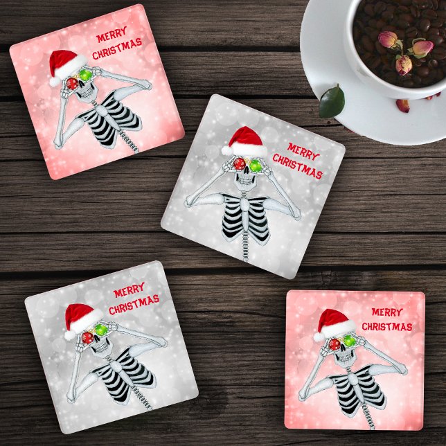 Fun Merry Christmas Skeleton Ornaments Circles Coaster Set (Cute Skeletons ornament Eyes Santa hats on white and red circles on Christmas  drink coasters.)