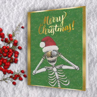 Fun Merry Christmas Skeleton Santa Hat Gold Holiday Card