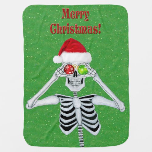 Fun Merry Christmas Skeleton Santa Hat Green Baby Blanket