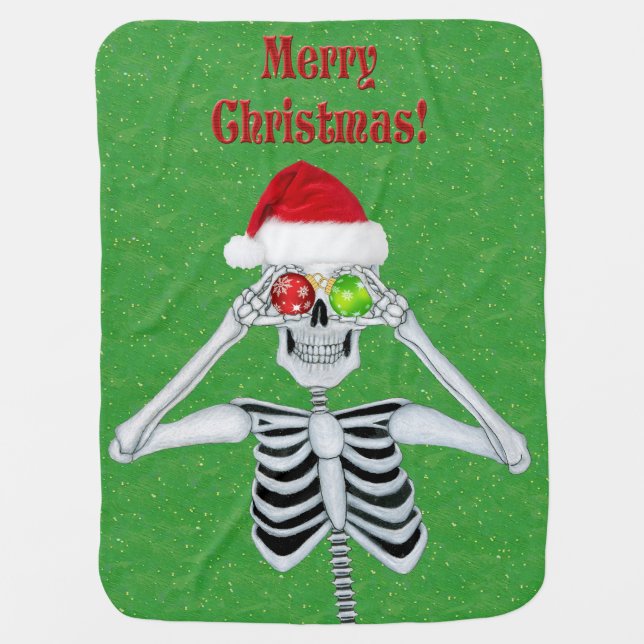 Fun Merry Christmas Skeleton Santa Hat Green Baby Blanket (Front)
