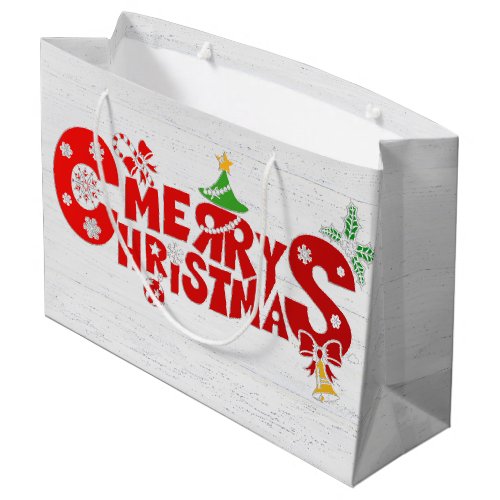 Fun Merry Christmas Text On Whitewashed Wood Large Gift Bag