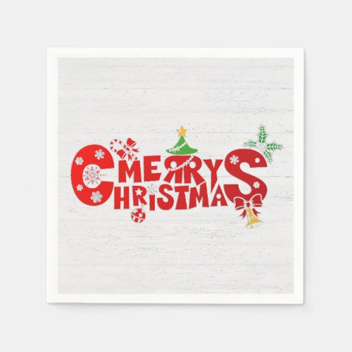 Fun Merry Christmas Text On Whitewashed Wood Napkins