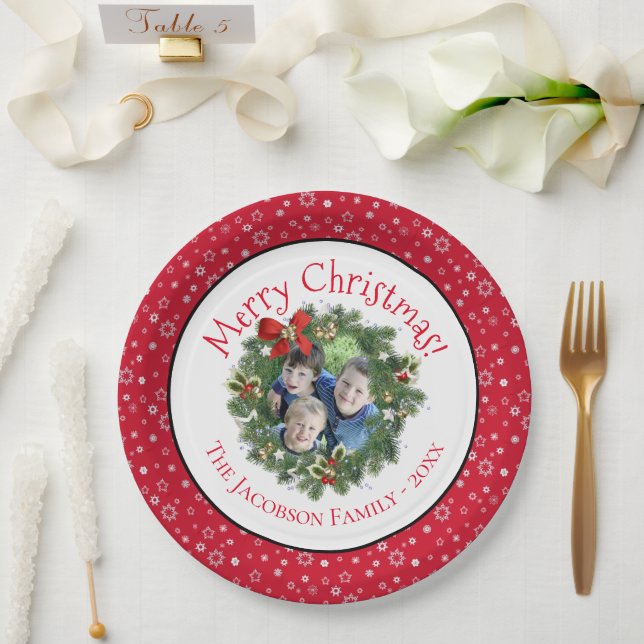 Fun Merry Christmas Wreath Photo Frame Holiday Paper Plates (Wedding)