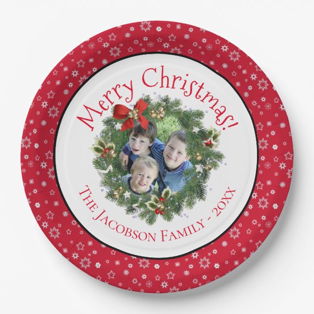 Fun Merry Christmas Wreath Photo Frame Holiday Paper Plates (Front)