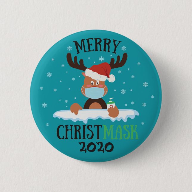 Fun merry Christmask reindeer face mask sanitizer Button (Front)