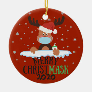Fun merry Christmask reindeer face mask sanitizer Ceramic Ornament