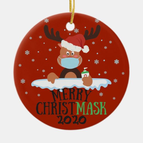 Fun merry Christmask reindeer face mask sanitizer Ceramic Ornament