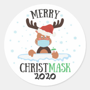 Fun merry Christmask reindeer face mask sanitizer Classic Round Sticker