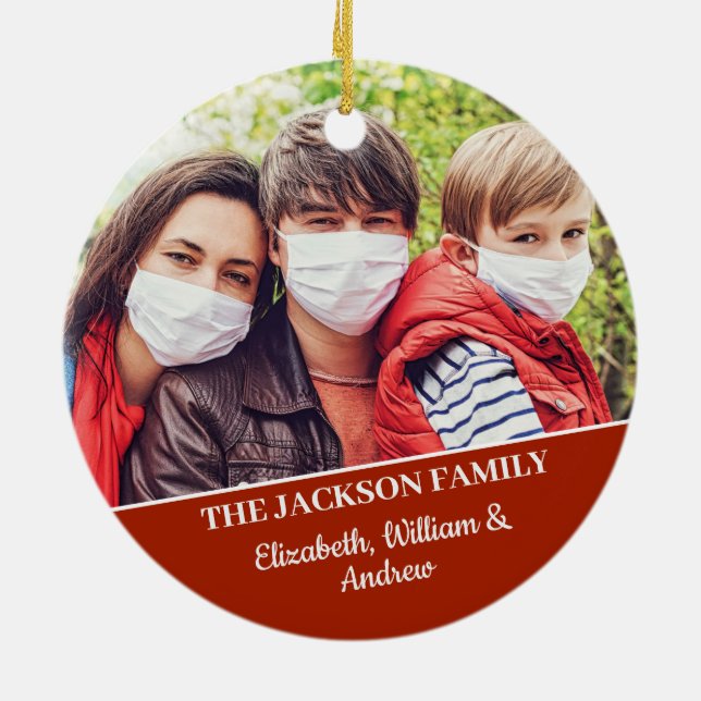 Fun merry Christmask reindeer face mask with photo Ceramic Ornament (Back)