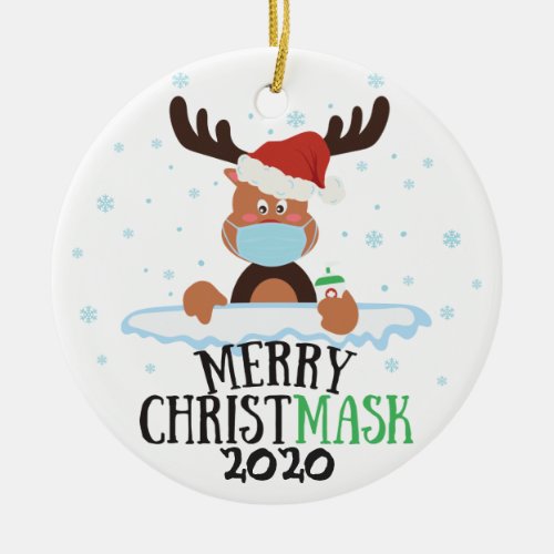 Fun merry Christmask reindeer face mask with photo Ceramic Ornament