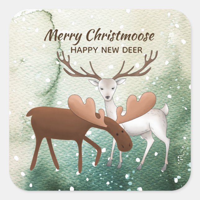 Fun Merry Christmoose Happy New Deer Square Sticker (Front)