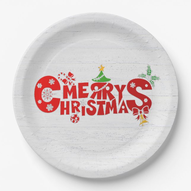 Fun Merry Chritmas Text On Whitewashed Wood Paper Plates (Front)