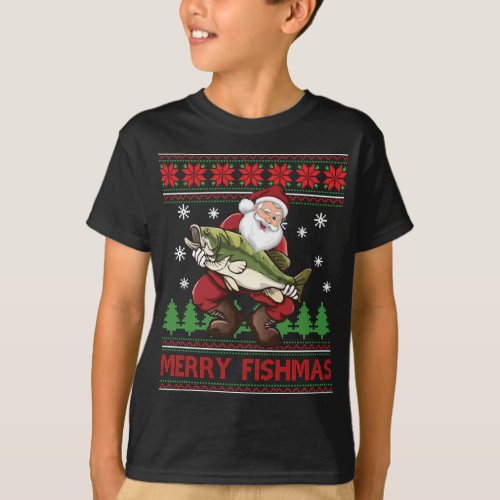 Fun Merry Fishmas Santa Fishing Ugly Christmas Swe T_Shirt