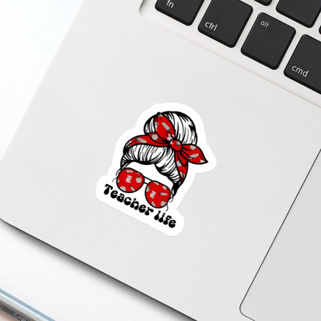 Fun Messy Bun Teacher School Red Sticker (Creator Uploaded)
