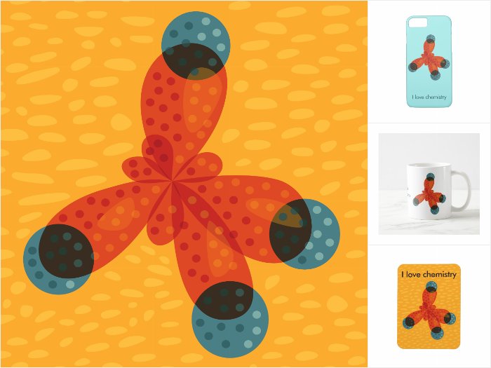 Zazzle collection of products with an abstract illustration of and orange methane molecule